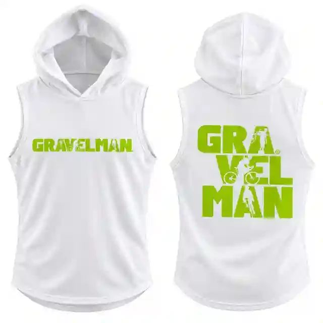 Débardeur Technique à Capuche Blanc GravelMan Logo Vert Fluo