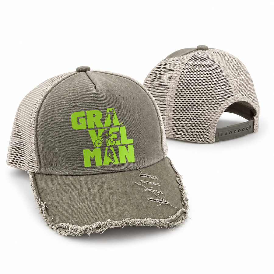 Casquette Trucker Olive Vintage GravelMan Logo Vert Fluo