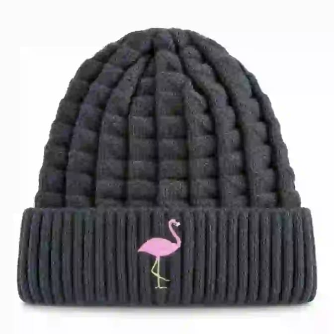 Bonnet Gris Anthracite Flamant Rose Brodé