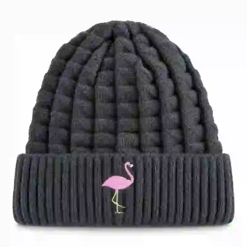 Bonnet Gris Anthracite Flamant Rose Brodé